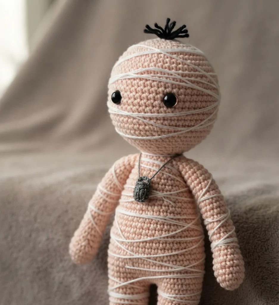 Crocheted mummy doll in light peach yarn wrapped with thin white yarn strands, black bead eyes, a small black yarn tuft on top of the head and a dark scarab-like pendant, photographed close up against a soft neutral fabric background.