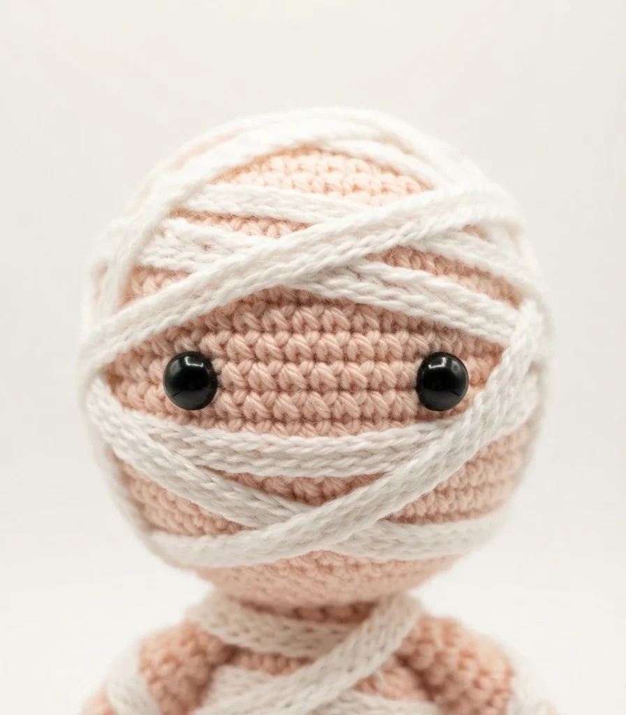 Close-up of a crocheted amigurumi mummy head made in light skin-tone yarn, wrapped with white yarn strands, with two black safety eyes showing, against a plain white background.