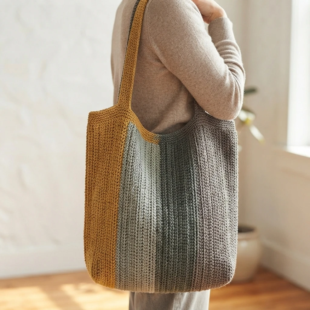 Person wearing a crochet market tote bag with mustard yellow and gray vertical stripes.