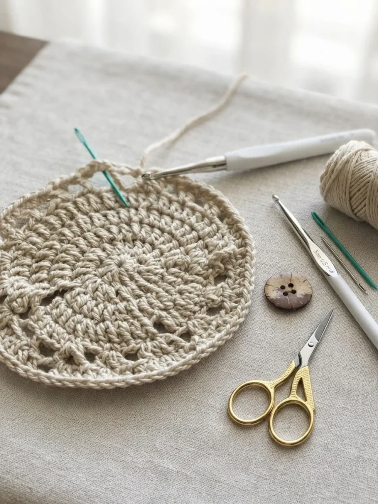 Flat-lay of crochet tools, a hook, yarn needles, small gold scissors, a wooden button, and a yarn ball, arranged around a cream crocheted circle in progress.