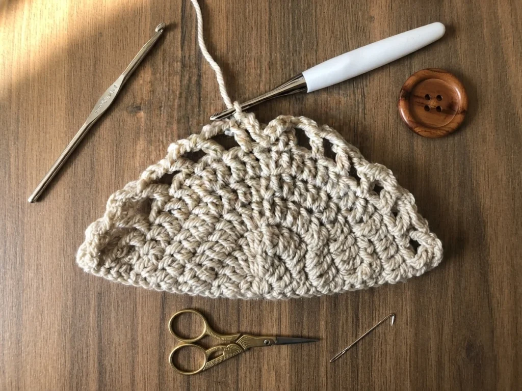 Crochet hook working a cream V-stitch swatch, arranged with a wooden button, small scissors and a yarn needle on a wooden surface.