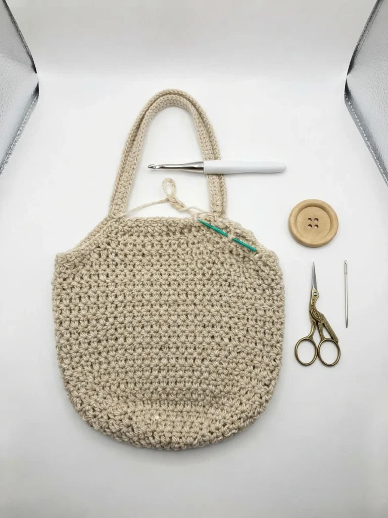 Flat lay of a beige crochet market bag with a crochet hook, green yarn needle, wooden button, stork scissors and metal needle on a white background.
