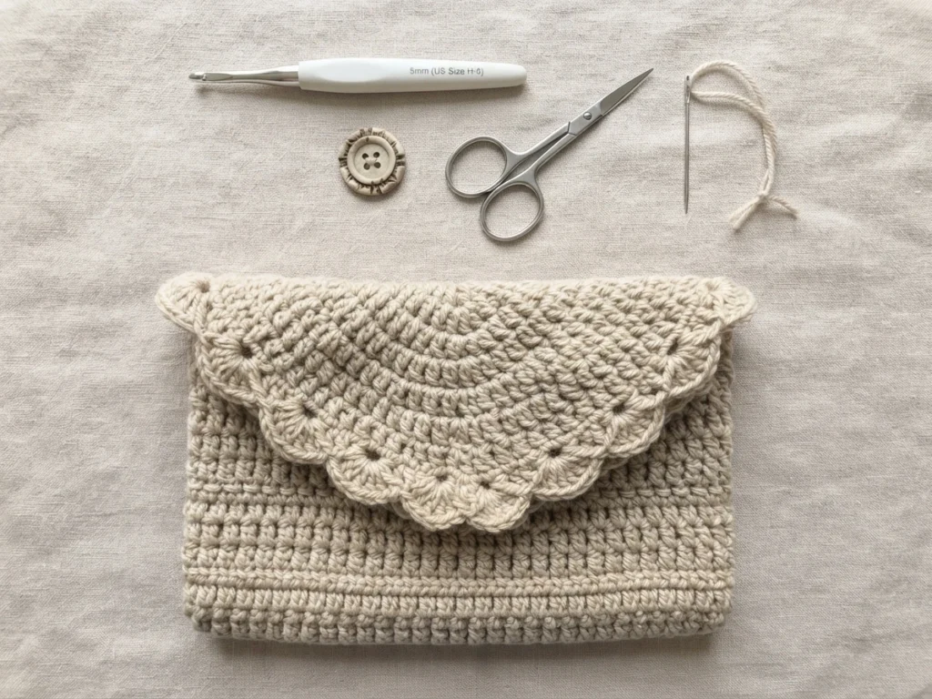 Beige crocheted clutch with scalloped flap arranged with a crochet hook, button, small scissors and yarn needle on a light linen background.