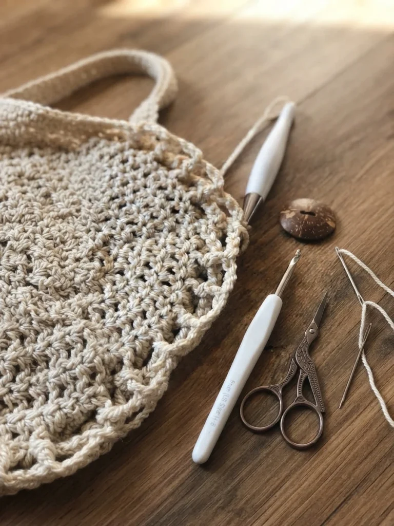 Cream crochet work in progress with a crochet hook, embroidery scissors, a coconut button and a yarn needle arranged on a wooden table.