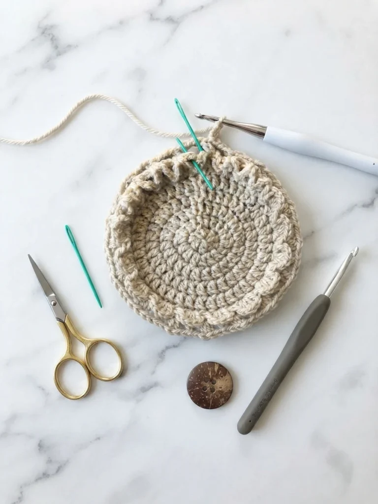 Cream crochet round in progress with a green yarn needle, crochet hooks, scissors and a brown button on a marble surface.