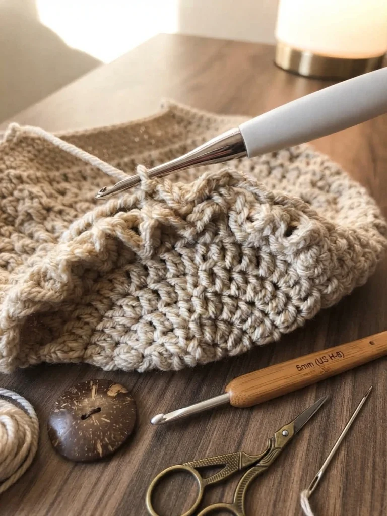 Beige crochet work in progress with a hook in the working loop, next to a button, scissors, yarn needle and a second hook on a wooden table.