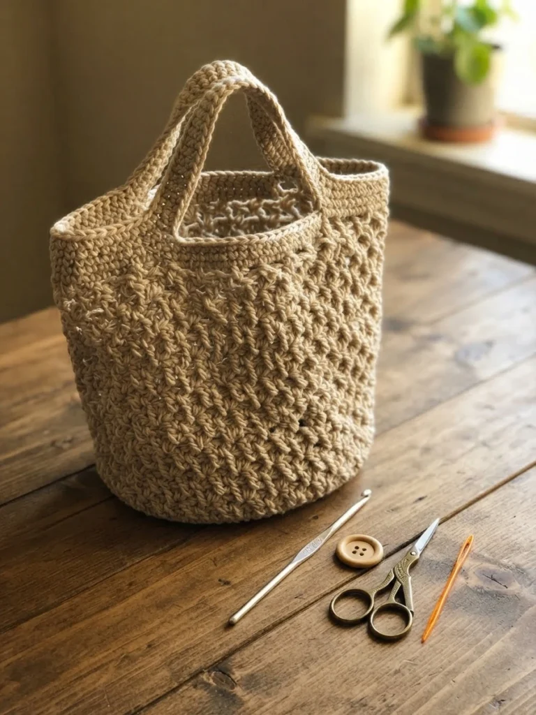 Finished beige crocheted market tote bag with short handles on a wooden table, with a crochet hook, wooden button, scissors and yarn needle beside it.