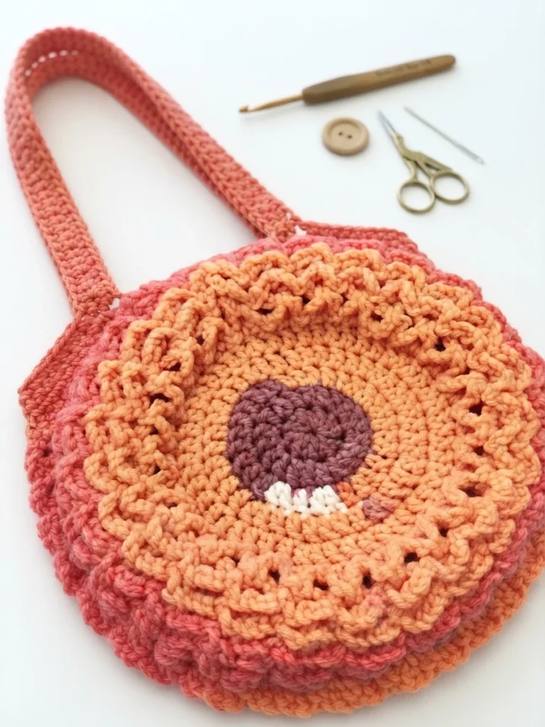 Bottom of crochet market bag in coral pink, orange and mauve yarn with strap, laid flat with a crochet hook, wooden button, small scissors and yarn needle on a white background