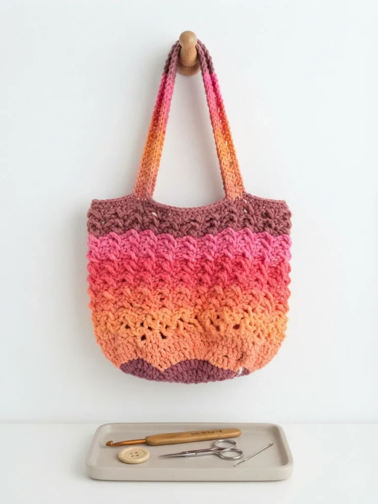 Crocheted market bag in gradient pink, coral and orange stripes with V texture hanging on a wooden hook, with a tray below holding a crochet hook, button, scissors and yarn needle.