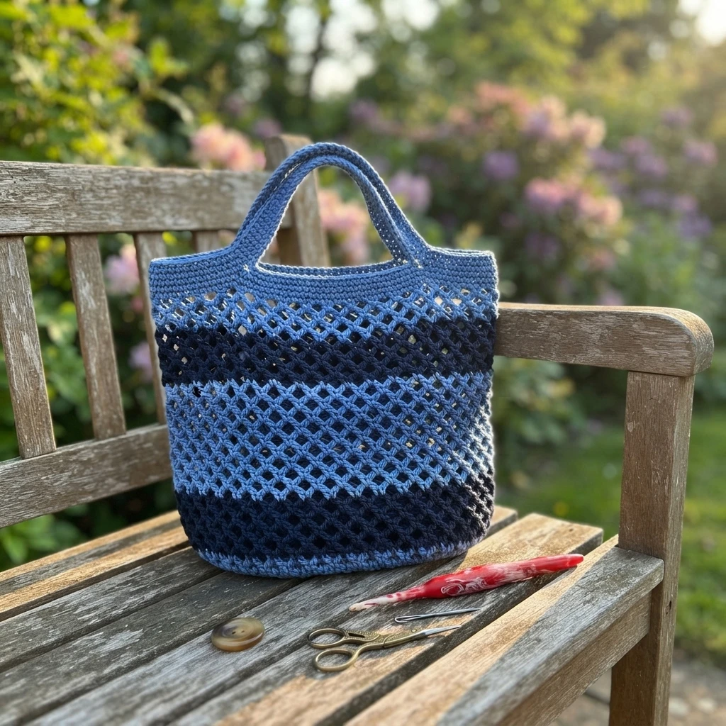Blue striped crochet market tote bag on a wooden garden bench with a red crochet hook, small scissors, yarn needle and button beside it.