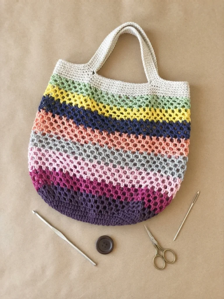 Crocheted striped market bag with a crochet hook, a brown button, small scissors and a yarn needle laid out below on brown kraft paper.