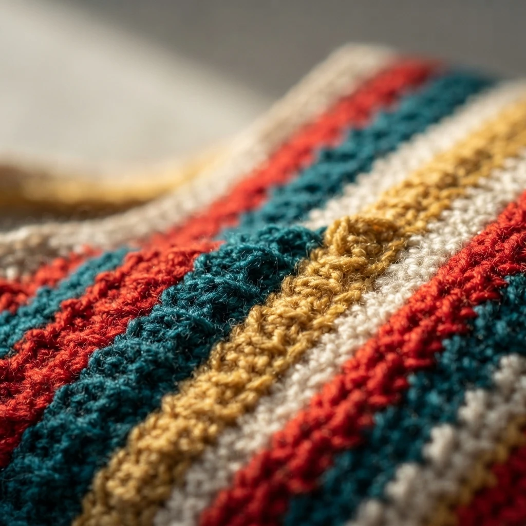 Close-up of striped crochet stitches in teal, red, cream and mustard yellow.
