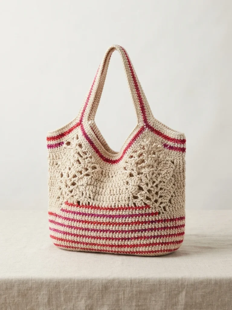 Finished crochet market tote in cream yarn with red and pink stripes and openwork panels, displayed on a table.
