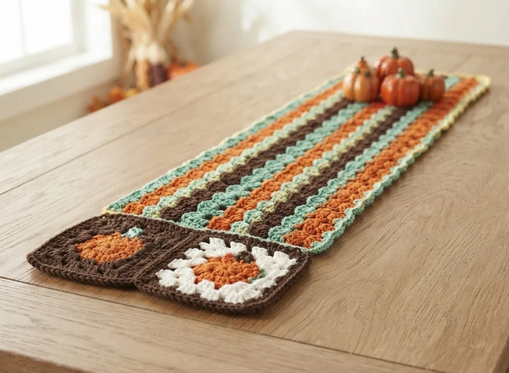 Chemin de table crocheté à rayures vert sauge, orange et brun, terminé par deux carrés fleuris et décoré de petites citrouilles sur une table en bois.