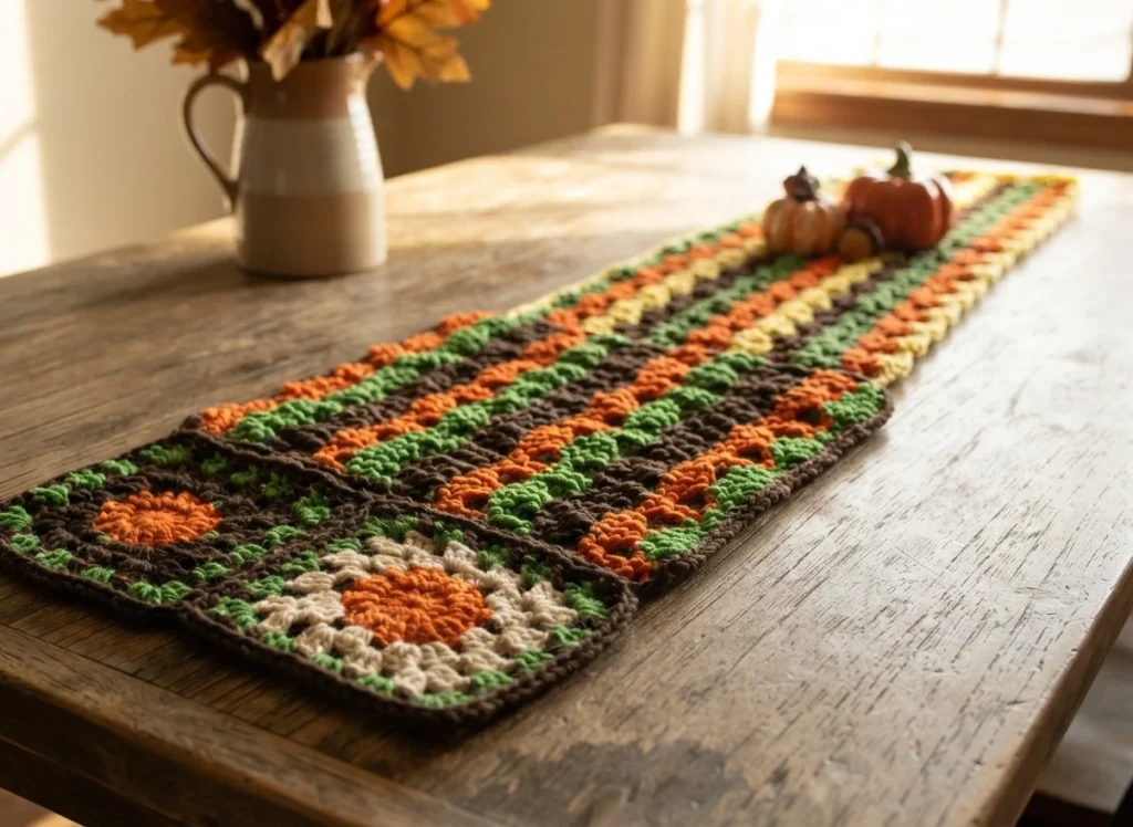 A crocheted table runner with orange, green, brown, and cream stripes and two pumpkin-centered motifs at one end, displayed on a wooden table with small pumpkins.