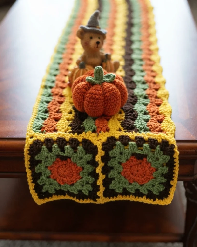 A striped crochet table runner with two pumpkin-motif square ends lies on a wooden table, with a large crocheted pumpkin and a small teddy bear on top.