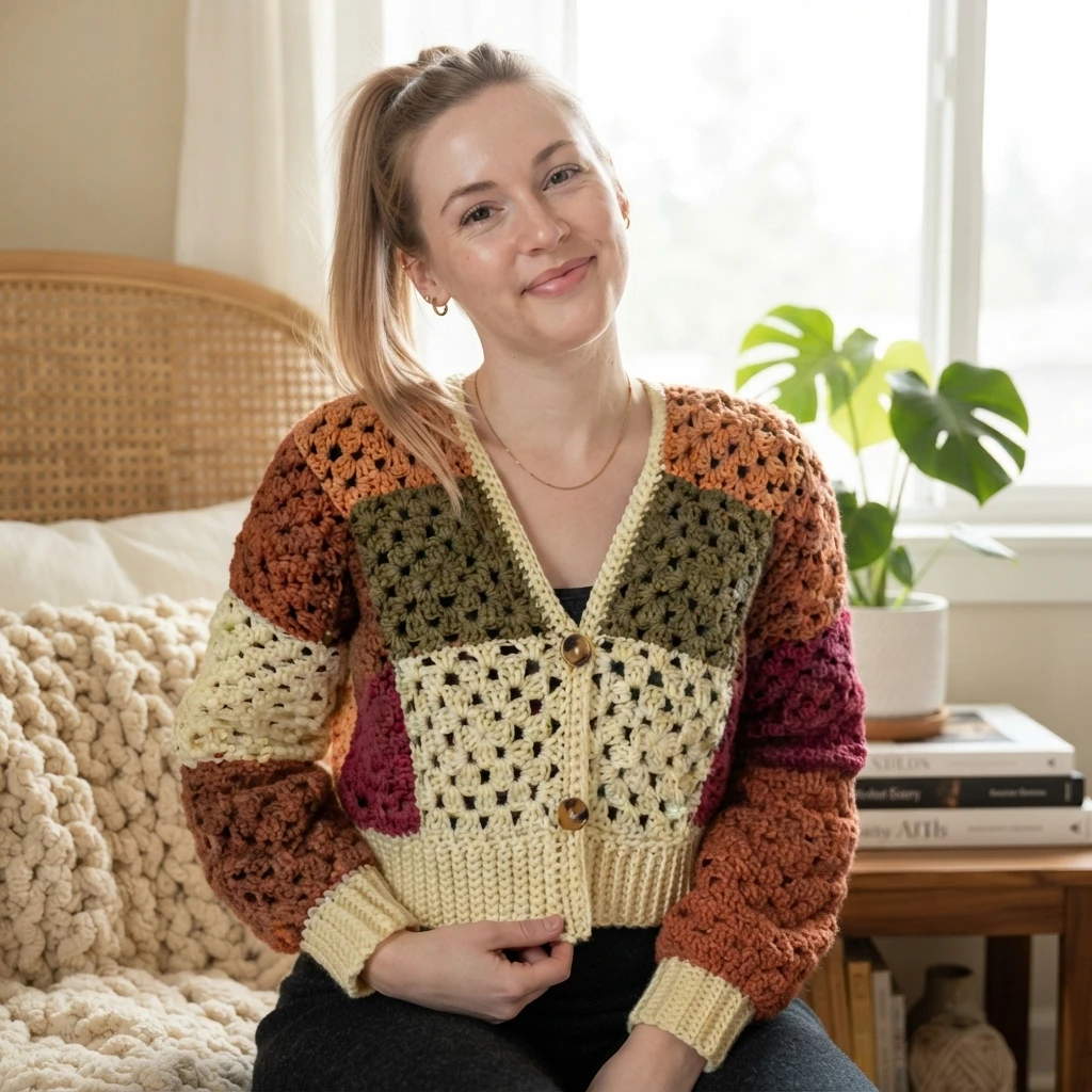 A woman models a cream granny-square crochet cardigan with rust, olive, brown, and magenta sections, ribbed cuffs, and buttons.