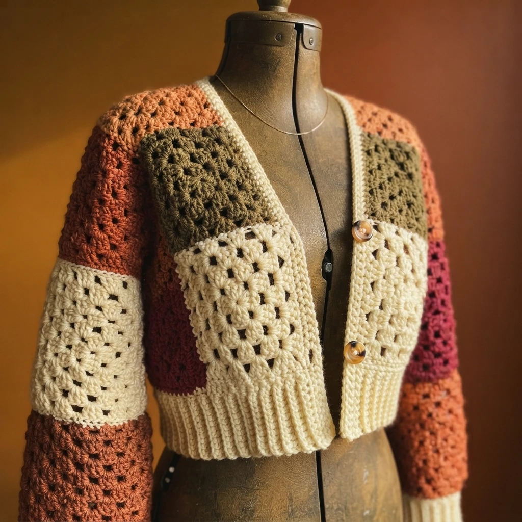 Cardigan au crochet composé de grands carrés colorés, avec bordures côtelées écrues et boutons en bois, présenté sur un mannequin.