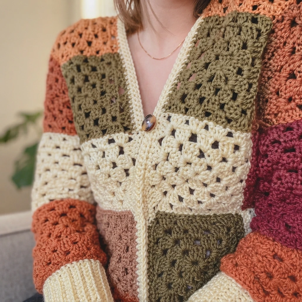 A person wears a multicolored granny square crochet cardigan with cream trim and buttons.
