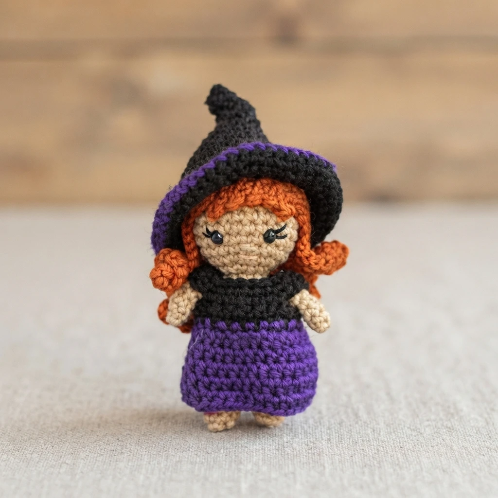 Crocheted witch doll with a black pointed hat trimmed in purple, orange hair, a black top and a purple skirt, standing alone on a light fabric surface with a blurred wooden background.