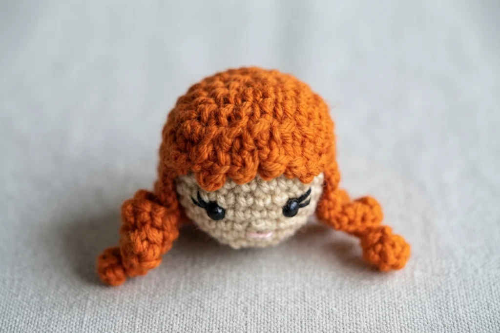 Crocheted amigurumi head with an orange hair cap, bangs and short curly strands at the sides, with embroidered black eyelashes and a small pink mouth, resting on light grey fabric.
