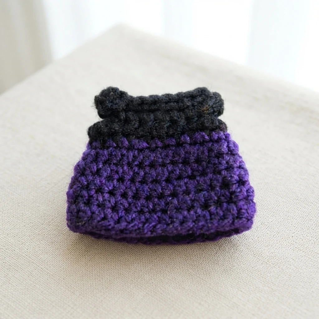 Small crocheted witch dress with a black upper section and a flared purple skirt, laid flat on a light fabric surface.