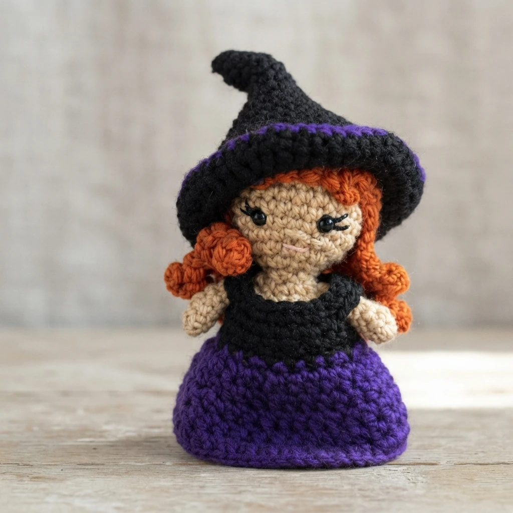 Crocheted witch doll with a black pointed hat with purple trim, orange curly hair, black top and purple skirt, standing on a wooden surface.
