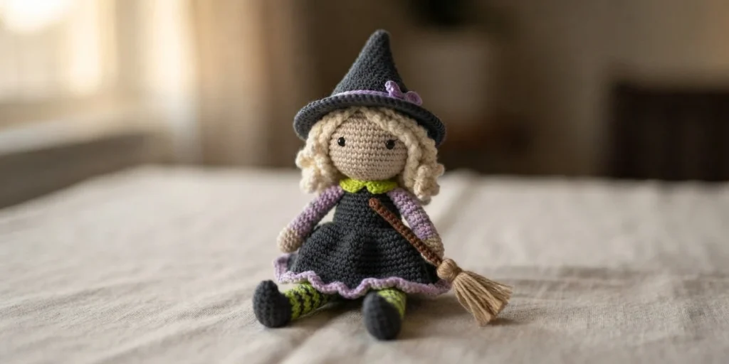 Crocheted witch doll with a black pointed hat, pale blonde hair, black dress with purple trim, striped green legs and black boots, holding a small broom, sitting on a light cloth.