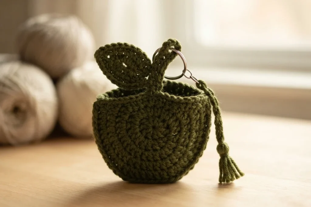 Finished crocheted apple-shaped pouch in dark olive green with a crocheted leaf, a metal key ring and a braided cord ending in a tassel, resting on a wooden surface with blurred cream yarn balls in the background.