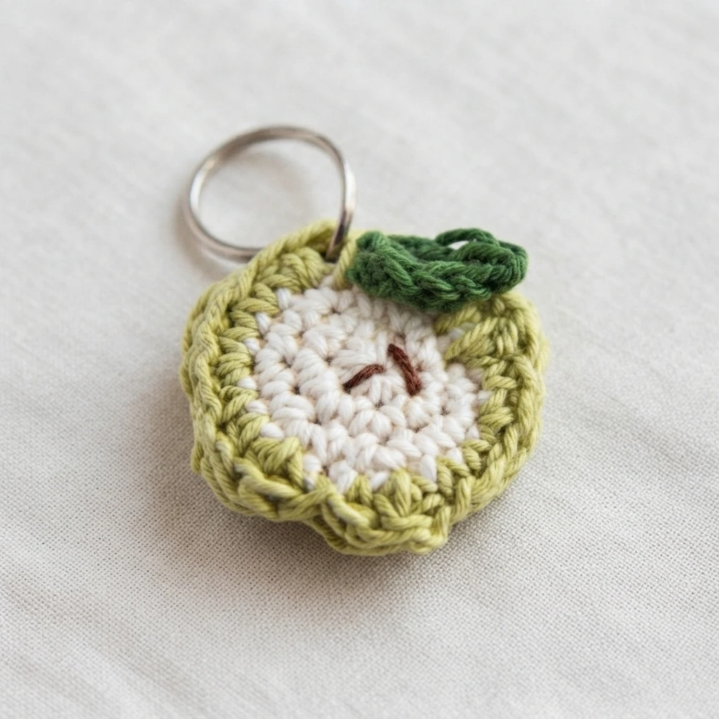 Green crochet apple keychain pouch with a white center, two small brown seed stitches, a dark green crocheted leaf and a silver keyring, resting on a plain light fabric background.