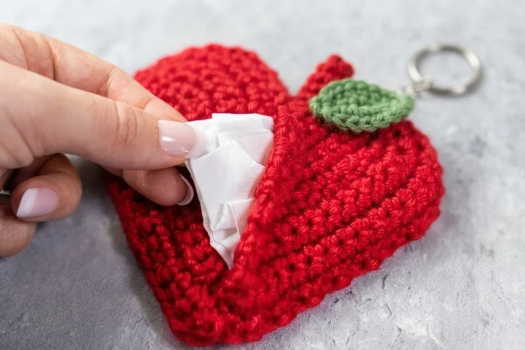 Hand pulling a white tissue from a red crochet pouch shaped like a rounded heart, with a green crocheted leaf and a silver keyring at the top, resting on a grey mottled surface.