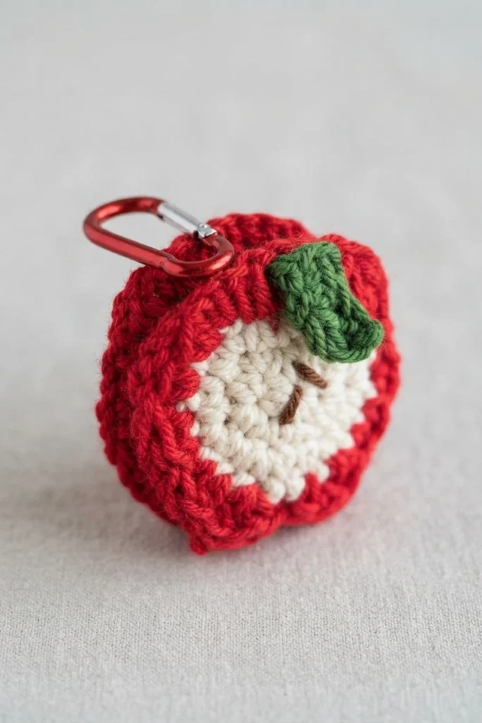 Red crochet apple keychain pouch with a white crocheted front, brown seed stitches, a green crocheted leaf and a red carabiner clip, photographed on plain gray fabric.