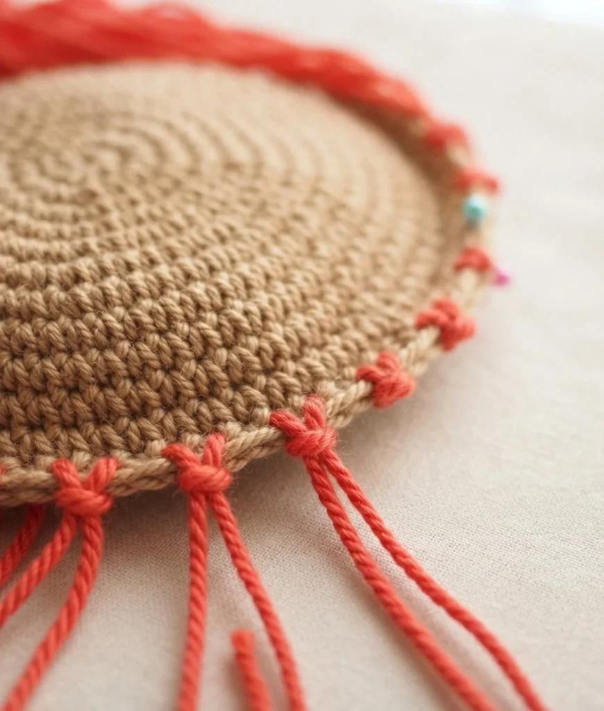 Close-up of a flat beige crocheted circle with coral red yarn strands tied in loops along its outer edge and small colored pins marking the round.
