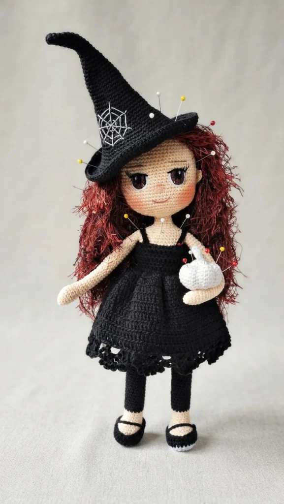Crocheted amigurumi witch doll wearing a black pointed hat with a white spiderweb, long dark red hair, a black dress with a lace hem and thin straps, black legs and black shoes, holding a small white crocheted bottle, with sewing pins stuck