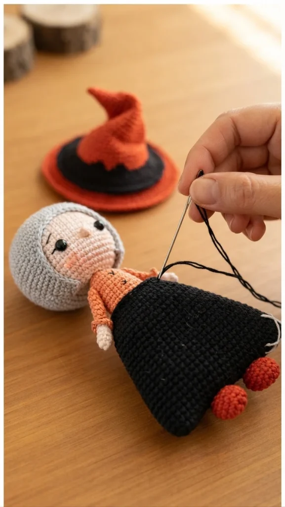 Hand holding a needle and black yarn to sew a black crocheted skirt onto a small witch doll with grey hair and an orange top, lying on a wooden table with a red and black witch hat in the background