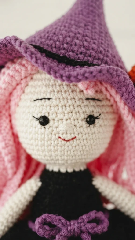 Close-up of a crocheted amigurumi witch showing pink yarn hair, a purple pointed hat with a black brim band, embroidered black eyes with lashes, a pale nose and a small red smile, above a black dress with a purple bow.