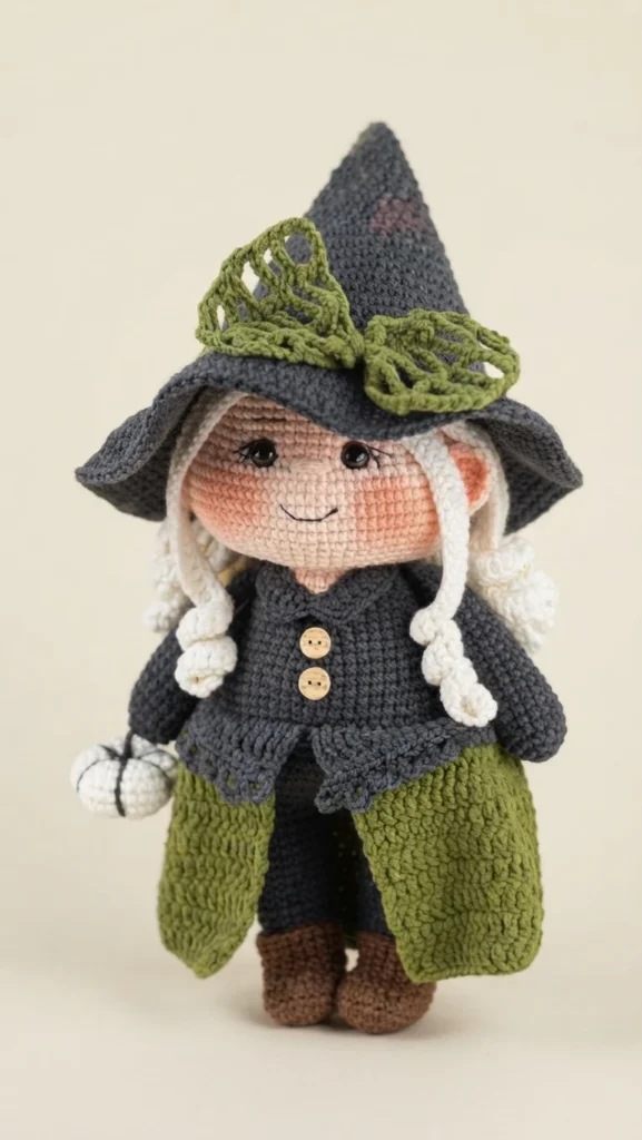Crocheted witch doll with a dark gray pointed hat trimmed with green leaf motifs, white braided hair, a dark gray buttoned jacket, a green coat, brown boots and a small white crocheted pumpkin held in one hand