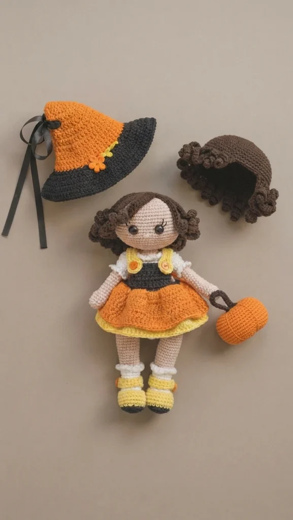 Crocheted witch doll in an orange dress with yellow trim and white shoes, standing on a plain background beside a separate orange and black pointed hat with a black ribbon and a brown curly wig, holding a small crocheted pumpkin
