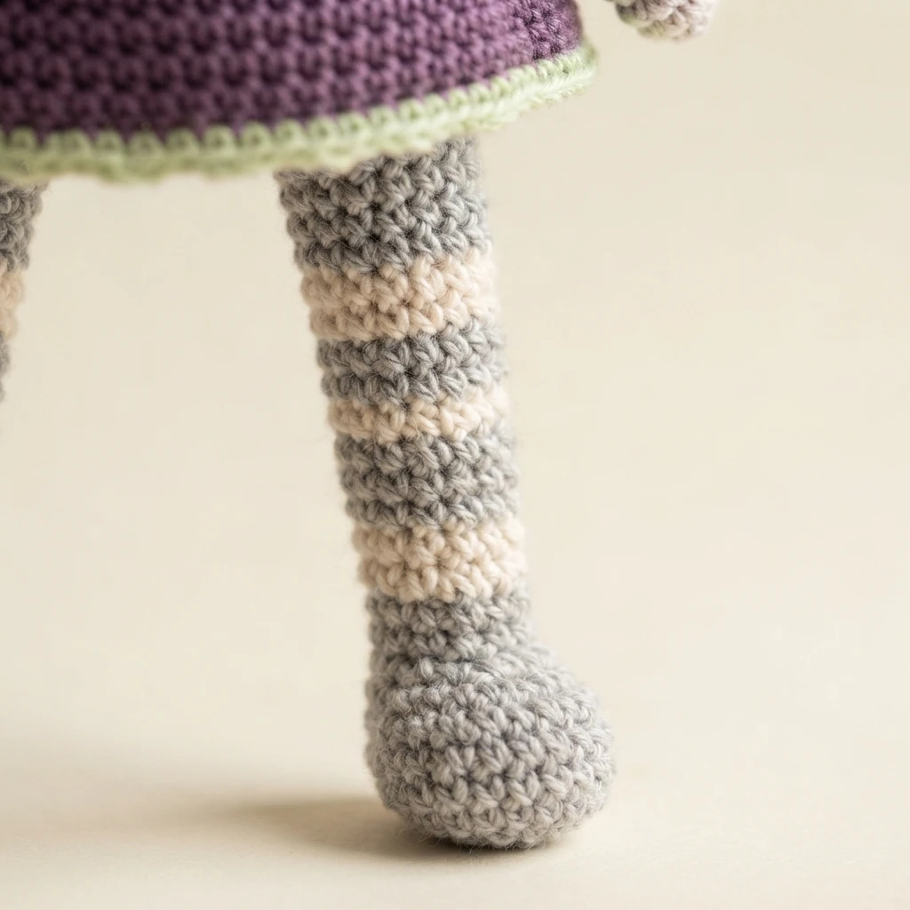 Close-up of a crocheted amigurumi doll leg with alternating gray and cream stripes and a rounded foot, hanging below a purple skirt edged with light green trim, on a plain cream background.