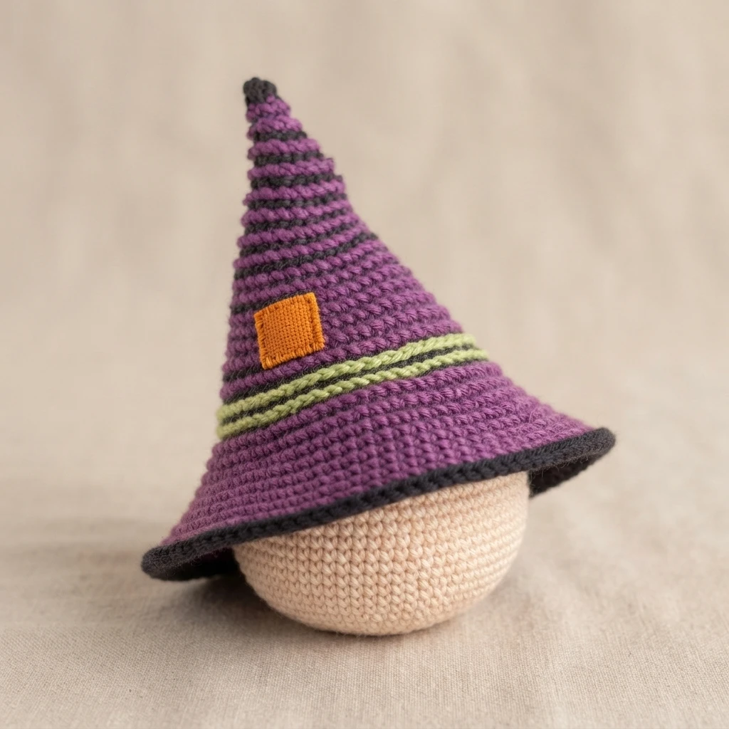 Crocheted witch hat in purple with dark spiral stripes, a light green band above the brim and a small orange square patch, resting on a plain beige crocheted sphere against a soft neutral fabric background.