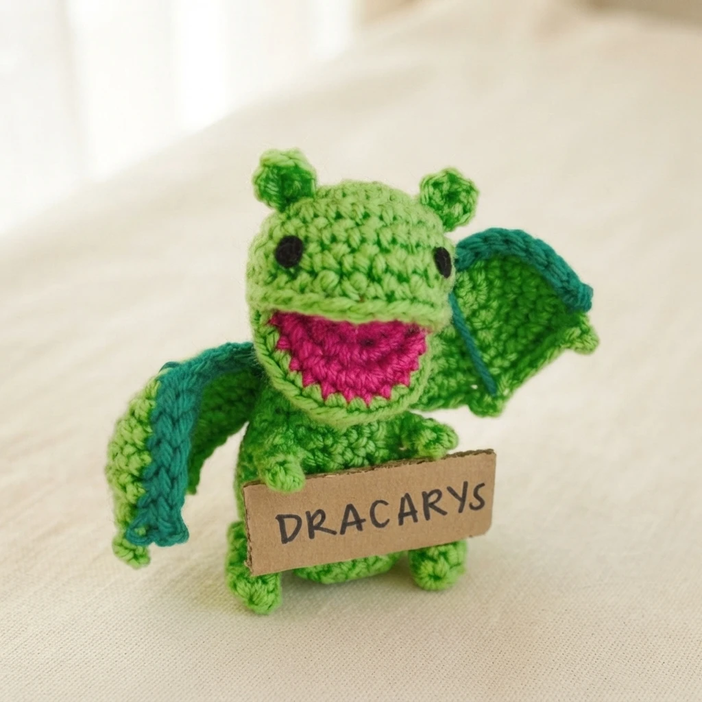 Green crochet dragon amigurumi with pink open mouth, teal edged wings and small ears, holding a small cardboard sign reading DRACARYS.
