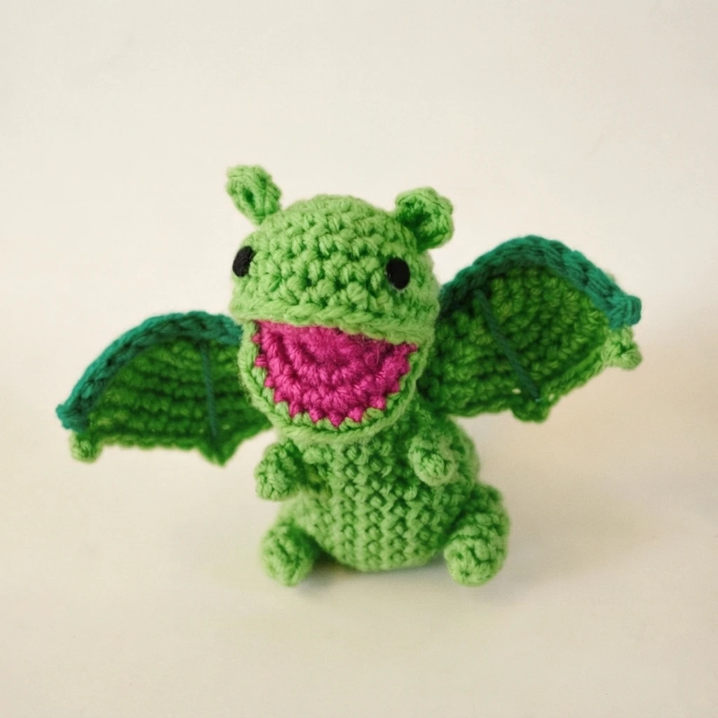 Green crocheted dragon amigurumi with an open pink mouth, small ears and wings with teal rims, standing on a plain light background