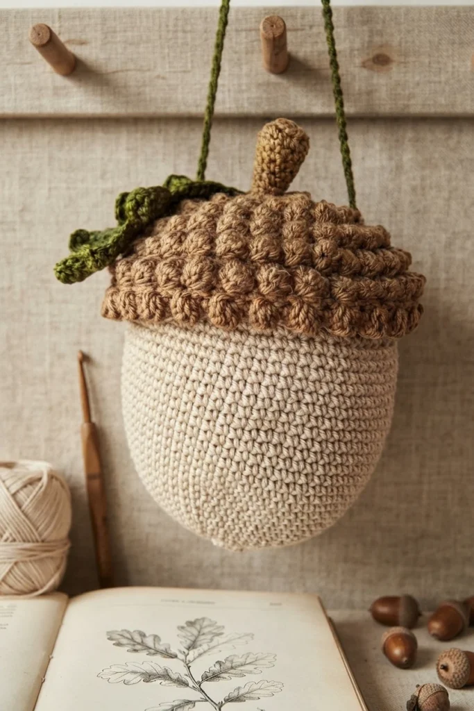 Crocheted acorn-shaped bag with an off-white body, textured brown lid, green leaves, and a long green strap, hanging against a neutral backdrop.