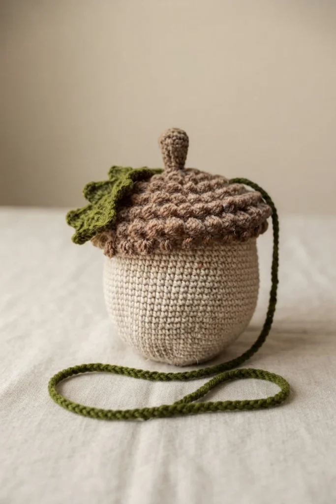A cream crocheted acorn bag with a textured brown cap, green leaves, and a long green strap arranged in a loop on a neutral surface.