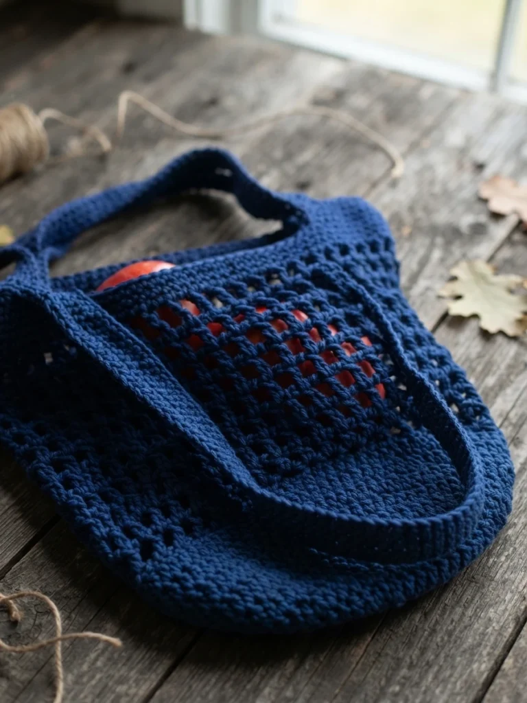 Blue crocheted market bag with openwork stitches and red apples, resting on a wooden surface.