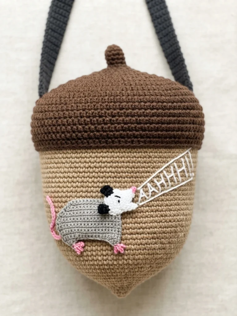 A brown and beige acorn-shaped crochet bag with dark straps and a gray possum appliqué.