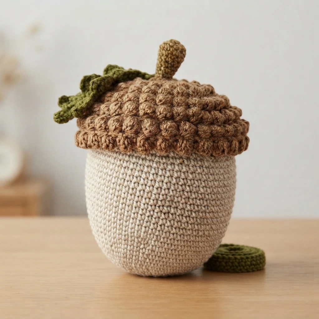 A cream crochet acorn bag with a bobbled brown cap, a stem, and green leaves, standing beside a small green crocheted piece.