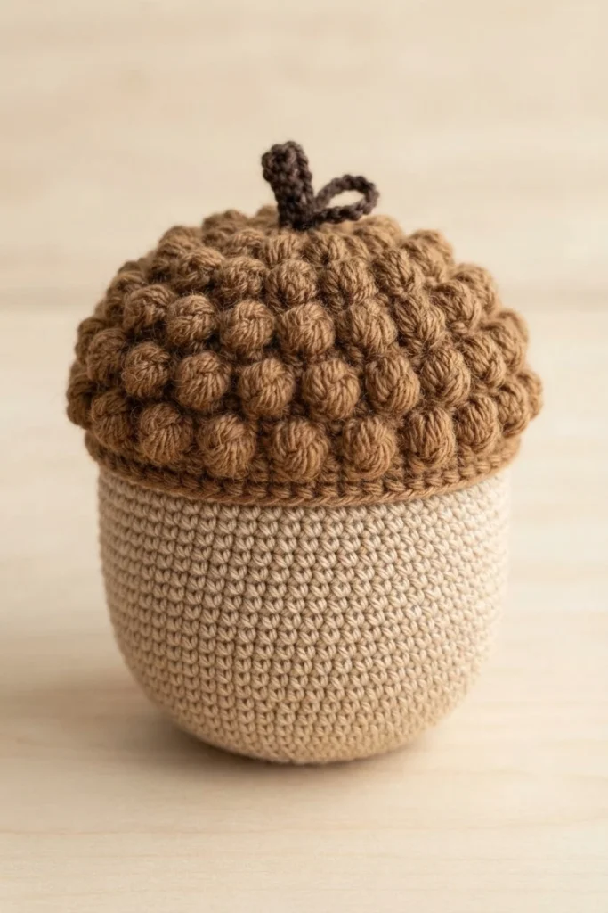 Sac au crochet en forme de gland, avec un corps crème, un dessus brun à reliefs et une petite tige.