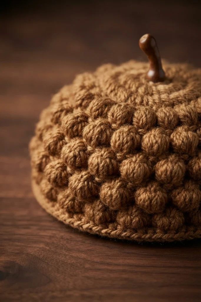 Close-up of a brown bobble-textured crochet acorn top with a smooth brown stem.