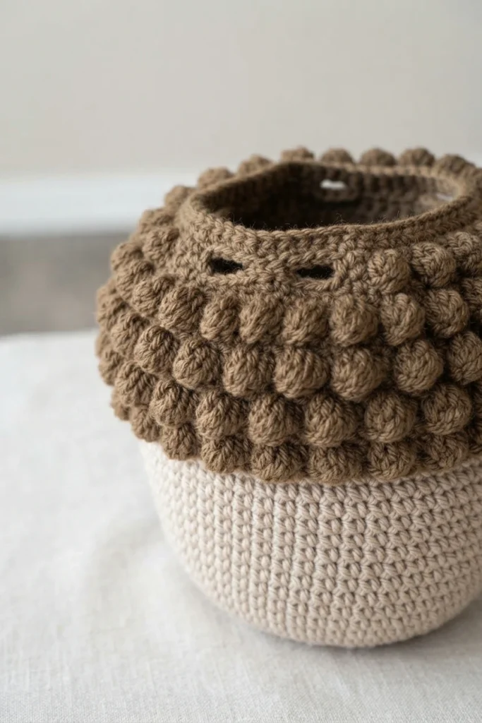 Sac au crochet crème avec un dessus brun à mailles en relief, montré ouvert avec des ouvertures sur le bord.